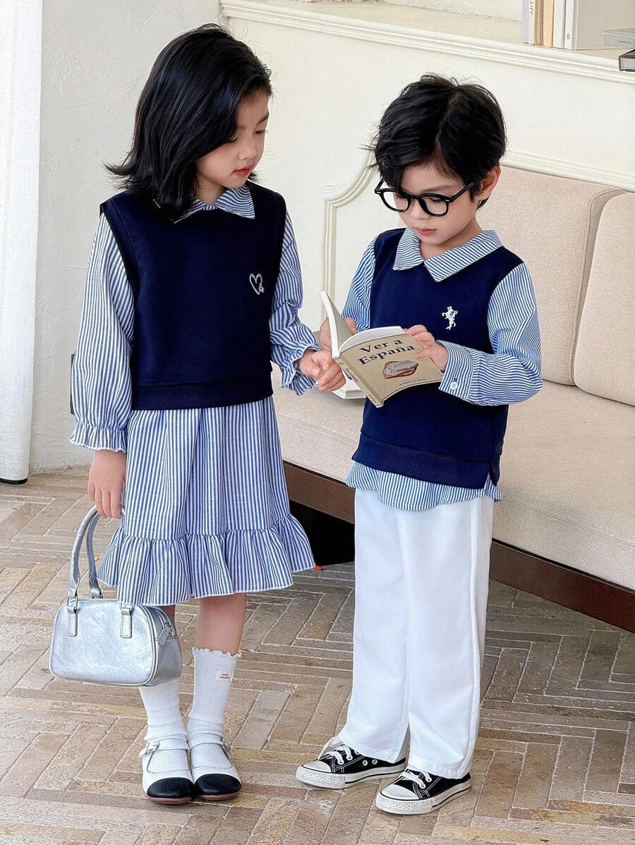 Genkimix Kids 2pcs/Set Boys' Striped Splice 2 In 1 Back To School Outfit, School Uniform, Children Back To School Clothing - Royal Blue - View 1