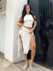 NegzBox 女士纯色褶饰拼布荷叶边下摆开衩低腰 A 字裙 - 白色 - 查看 1