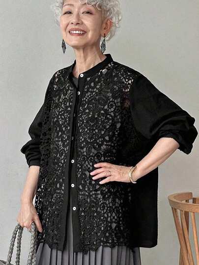 FRIFUL 女式黑色纯色立领拼接透明蕾丝面料长袖休闲百搭多层衬衫，正式商务休闲衬衫，秋季女装