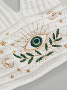 ROMWE Hippie 返校女式波西米亚风夏季嬉皮度假风格眼睛、月亮和星星刺绣白色针织串珠上衣 - 白色 - 查看 2