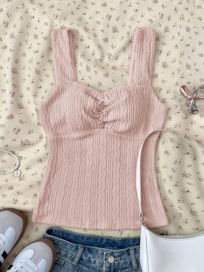 SHEIN Top de camisola de textura de punto con escote en V, lazo y volantes en estilo casual de vacaciones con Estilo BM, versátil y adecuado para deportes, vuelta al colegio, estilo campus, primavera/verano, para adolescentes