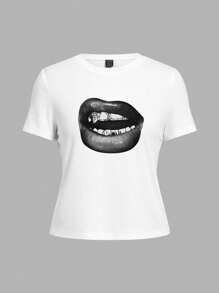 SHEIN EZwear 休閒黑唇紋白色圓領短袖貼身女T恤，適合夏季