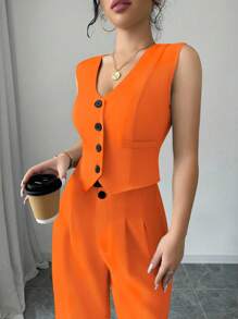 Elenzga 3 件套休闲/工作服纯色西装外套、背心和裤子套装 - 橘色 - 查看 6