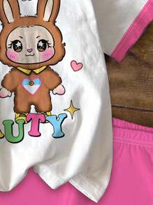 SHEIN Happikins 2件套女童休闲可爱卡通图案短袖T恤短裤套装，粉色，返校季，适合夏季女童短裤套装，女童服装套装，短袖两件套，女童夏季服装，女童服装 - 彩色 - 查看 5