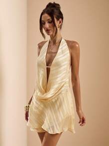 SHEIN BAE 奶油黄色紧身露背垂坠领 A 字迷你连衣裙，性感露背连衣裙，露背设计连衣裙，垂坠领连衣裙，适合春夏季 - 黃色 - 查看 6