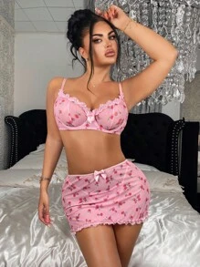 SHEIN 3 件套女士花卉网眼性感内衣套装，外出穿着 - 粉色 - 查看 3