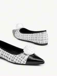 CUCCOO CHICEST Women's Flat Slip-On Shoes, Pointed Toe, Multi-Color Pearl Rose Flower Design, Elegant Outdoor Flats - Black and White - View 10