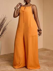 Slaydiva 2025新款独家度假休闲细肩带宽松连体裤，侧开衩，系带 - 橘色 - 查看 4