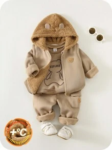 SHEIN 3pcs Baby Boy/Girl Autumn/Winter Cute Khaki Knitted Hooded Jacket, Vest, Cartoon Bear Pattern Sweatshirt, Tracksuit Joggers Pants Set, Unisex Baby Clothes, Baby Winter Thermal Outfit Fall - Multicolor - View 2