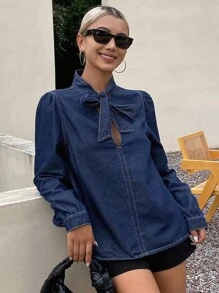 Livesso 女士V领系带泡泡袖牛仔衬衫，秋季女装长袖 - 藍色 - 查看 5