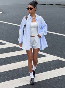 Muchica 女士天蓝色条纹宽松长袖休闲刺绣衬衫 - 藍色 - 查看 4