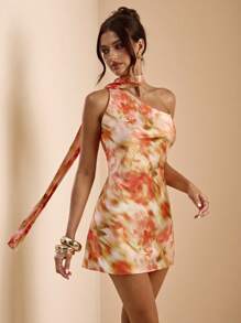 SHEIN BAE Váy ngắn hở lưng cổ bất đối xứng họa tiết hoa nhuộm tie-dye thanh lịch, váy quấn in họa tiết, váy hở lưng mùa hè gợi cảm - trái cam - Xem 5