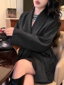 DAZY 女士宽松优雅纯色夹克，适合秋冬季节穿着 - 灰色 - 查看 7