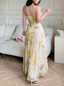 Modelyn 女式网眼花卉印花细肩带荷叶边腰夏季休闲连衣裙 - 黃色 - 查看 3