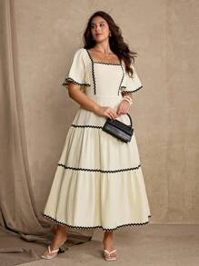 Roveilla 大码女式优雅拼色缎带饰腰中长连衣裙 - 杏色 - 查看 2