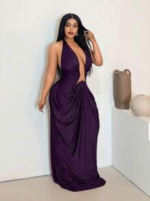 Maweii Plus Size Women's Solid Color Deep V-Neck Backless Ruched Sexy Halter Maxi Dress - Purple - View 5