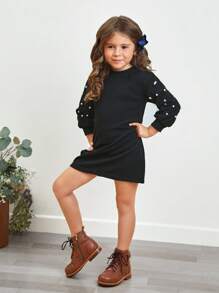 SHEIN Abito con maniche a lanterna, girocollo lavorato a maglia, decorato con perle finte, adatto a ragazze giovani