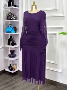 Modelyn Váy lưới xếp ly màu trơn thanh lịch cỡ lớn - Màu tím - Xem 4