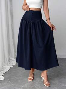 Firerie 全新休闲百搭仿亚麻喇叭裙 夏季度假波西米亚风优雅休闲裙 - 藏蓝色 - 查看 6