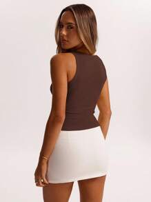 SHEIN BAE Summer 1pc Knitted Striped Round Neck Simple Casual Tank Top Suitable For Brunch, Going Out, Dating, Commuting Leisure, Ibiza - Coffee Brown - View 2
