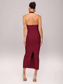 Silquee Early Spring Solid Yellow Romantic Valentine's Day & Date Night Vacation Women's Solid Color Ruffle Hem Halter Cotton Linen Dress, Linen Valentine's Day Dress, Party Dress, Romantic Date Dress, Wedding Bridesmaid Mini Dress, Formal Ball Gown Dress, Daily Commute Dress, White Dress, Birthday Mini Dress, Vacation Dress, Bodycon Midi Dress Midi Dress Halter Midi Dress Tight Midi Dress Elegant Midi Dress Bodycon Dress - Burgundy - View 2