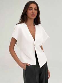 SHEIN PETITE CURVE Áo sơ mi nữ cỡ lớn màu trơn, cài một nút, tay bồng, kiểu dáng thường ngày, áo kiểu nữ mùa hè, áo kiểu đường phố, áo sơ mi nữ thanh lịch, áo blazer tay ngắn màu trắng, áo khoác cardigan tay ngắn thanh lịch, áo blazer trắng mùa hè, áo blazer trắng dáng ngắn, kiểu Stockholm, phù hợp với người có vóc dáng thấp. - trắng - Xem 6