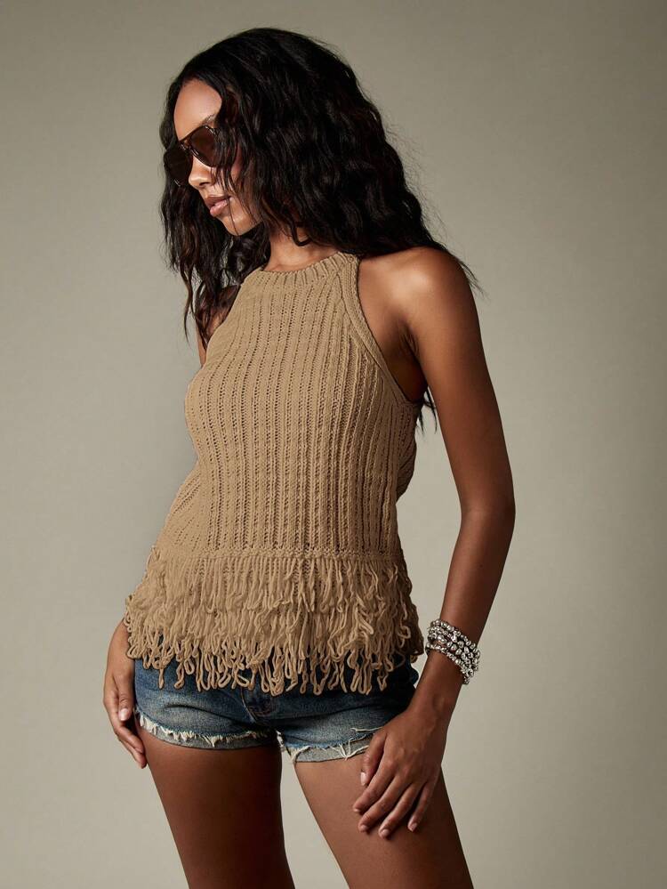 MISSGUIDED Top canotta con scollo ad aletta, a costine, con frange, stile boho hippie estivo, senza maniche, maglia lavorata a maglia, adatto per resort, vacanze, viaggi e spiaggia