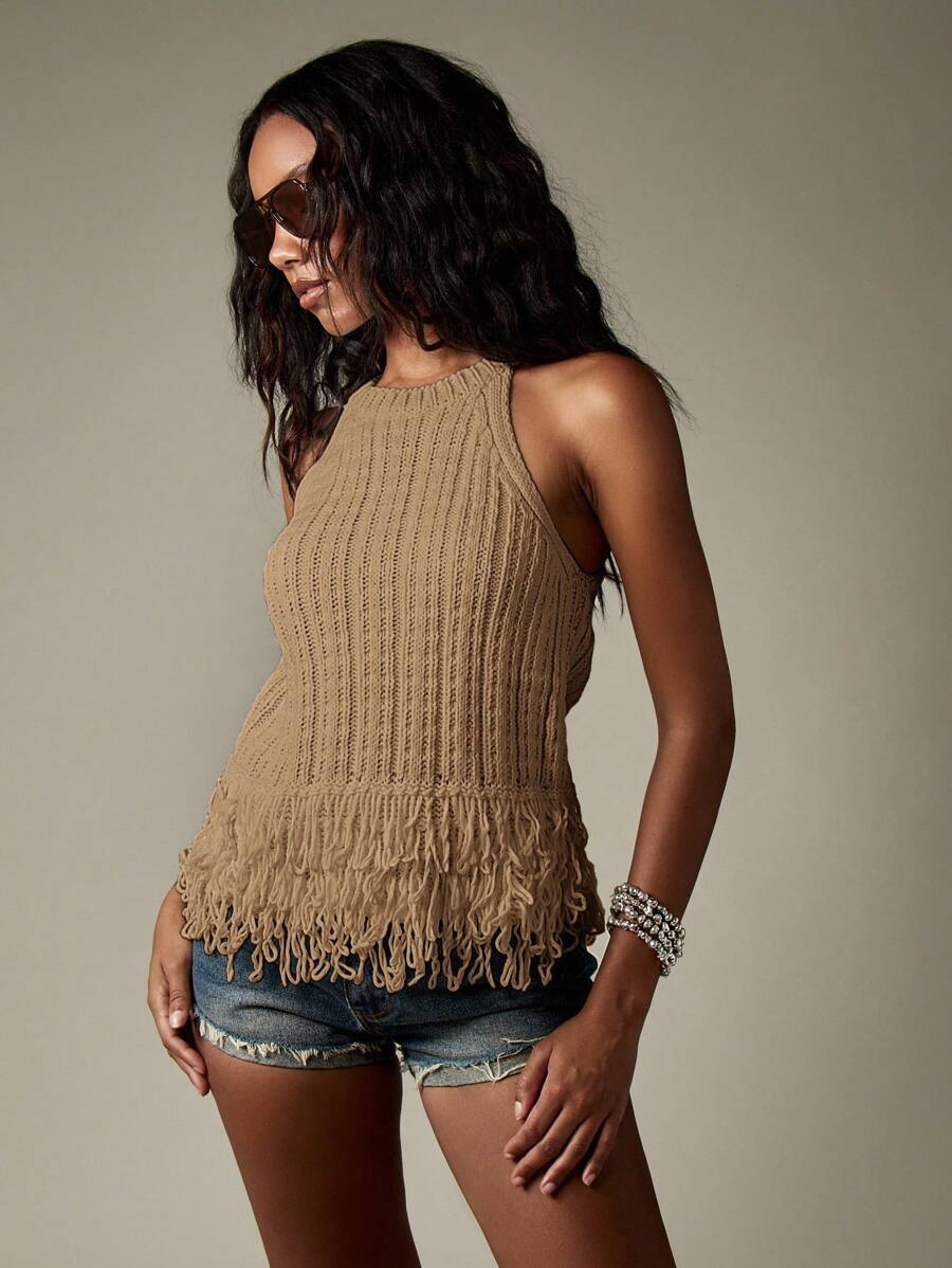 MISSGUIDED Halter Neck Ribbed Fringe Tank Top Summer Boho Hippie Festival Sleeveless Sweater Knit Resort Vacation Travel Beach Wear - Mocha Brown - View 1