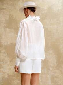 Arave French Lace V-Neck Ruffle Hem Lantern Sleeve Blouse For Women Fall Women Clothes Fall Outfits Women Fall Autumn Clothes All White - White - View 7
