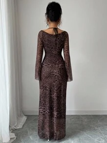 Selianne 女式豹纹修身长袖开衩连衣裙 - 棕色 - 查看 2