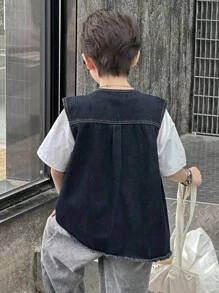 Dazy Kids Chaleco sin mangas de mezclilla para niño preadolescente, otoño - Azul lavado oscuro - Ver 4