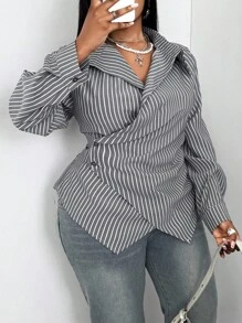 Maweii 大码休闲通勤条纹裹身衬衫 - 灰色 - 查看 1