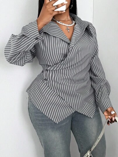 Maweii 大码休闲通勤条纹裹身衬衫