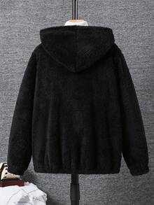 SHEIN 青少年男孩连帽休闲学院风柔软舒适简约实用毛绒夹克，适合秋冬季，适合日常穿着、户外玩耍、学校、街头风格、派对和居家 - 黑色 - 查看 2