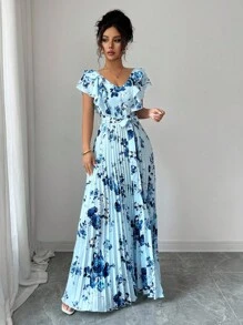 Lyxana V-Neck Digital Print Vacation Style Ruffle Waist A-Line Elegant Romantic Women Dress - Multicolor - View 3