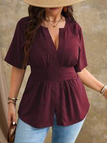 Roveilla Blusa de talla grande con cuello de muesca y dobladillo dividido - Granate - Ver 5