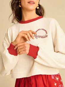 CAJUNI 女士休闲度假美人鱼印花长袖短款运动衫秋冬女装 - 杏色 - 查看 6