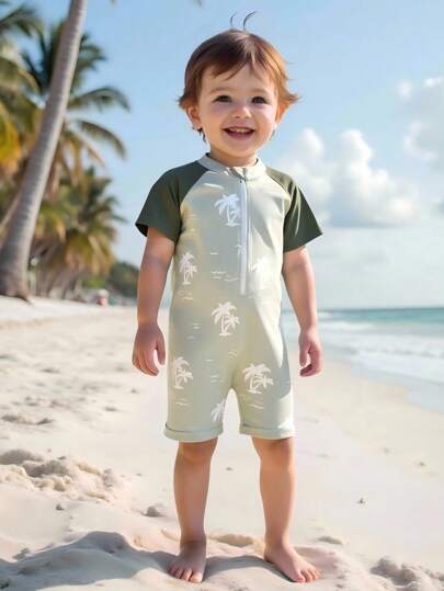 Bañador una pieza para bebés niños, estampado de palmas verdes casuales, alegre y activo, adecuado para jugar en el agua, vacaciones, piscina, sesión de fotos de verano, regalo
