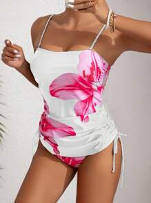 SHEIN Swim 女款印花坦基尼泳衣套裝，優雅度假休閒風 - 白色 - 查看 3
