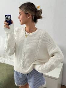 EURMUSE Winter White High-Neck Chunky Cable Knit Relaxed Sweater Snowfall Comfort Heavyweight Cable Pattern Mock Neck Pullover,Jumper,Cream Jumper,Jumpers,Black Jumper,Womens Jumper,Women's Jumper,Women's Jumpers - White - View 5