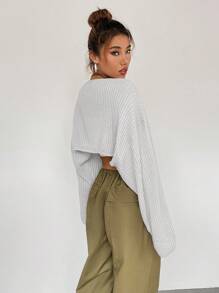 Flirla Casual Loose Solid Color Cropped Cardigan Fall Winter Cloth For Women - Light Grey - View 2