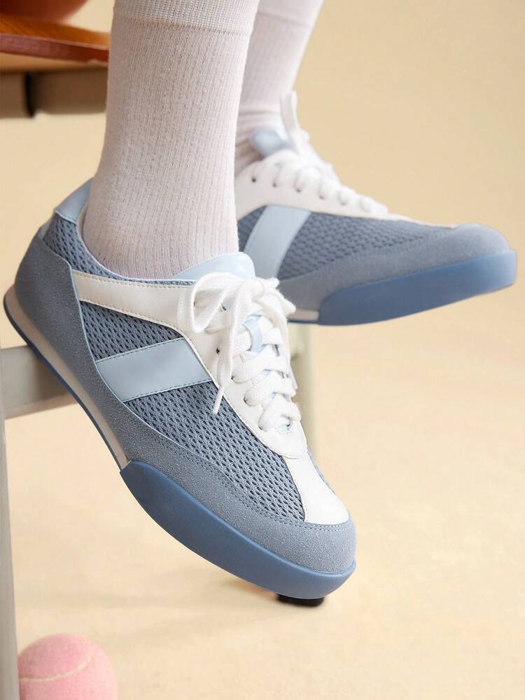 CUCCOO EASI Women's Mesh Splicing Round Toe Flat Casual Sports Shoes, Simple Design Comfortable PU Leather Contrast Color Casual Sneakers For Daily And Outdoor Wear