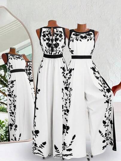 SHEIN Clasi 女士优雅露背连体裤，宽松版型，拼色印花