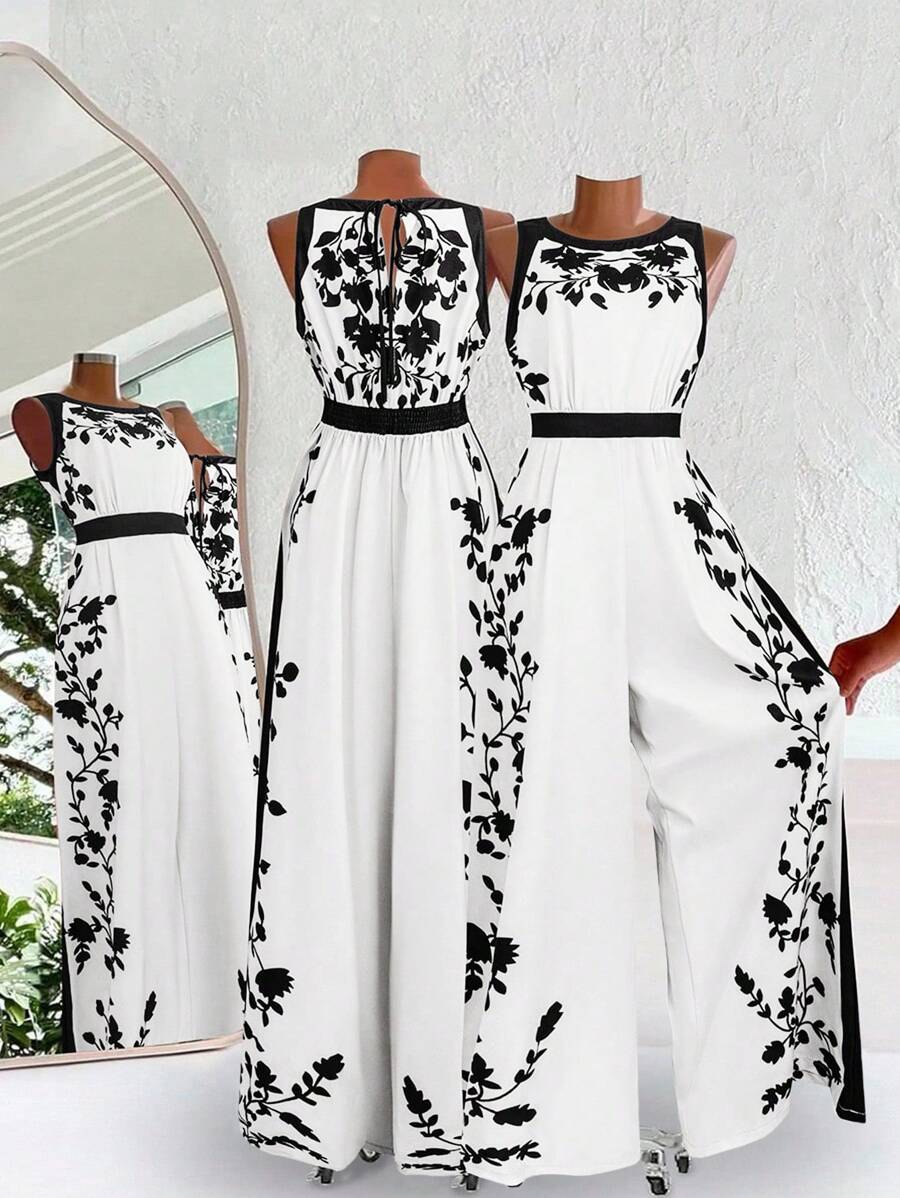 SHEIN Clasi 女士优雅露背连体裤，宽松版型，拼色印花 - 白色 - 查看 1