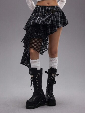 Grunge Punk Summer Beach Graduation Easter Skirt Women Concert Nashville Festival Rock Rivet Rhinestone Strap Sleeveless Plaid Vintage Y2K Patchwork Red Blue Lace Mesh Streetwear Asymmetric Hem Low Waist Women Skirt
