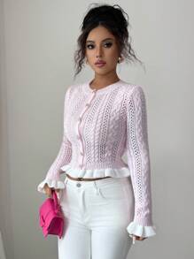Elenzga Nuevo cárdigan corto de punto ajustado con cuello redondo y puños con volantes, con diseño de botón metálico, dulce para una cita del Día de San Valentín, versátil - Rosa - Ver 6