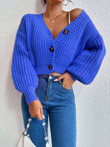 EURMUSE Women's Solid Color Drop Shoulder Long Sleeve Single-Breasted Casual Loose Cardigan - Royal Blue - View 3
