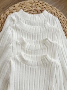 4pcs/Set Basic White Autumn Baby Girl Knitted Long Sleeve Bodysuit,Casual Ribbed Solid Color Sweater Bodysuit,Fall - White - View 5
