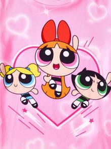 THE POWERPUFF GIRLS X SHEIN Tween Girl Blossom, Bubbles, Buttercup Pattern Pink Cute & Sweet Short Sleeve T-Shirt And Pants Pajama Set - Pink - View 2