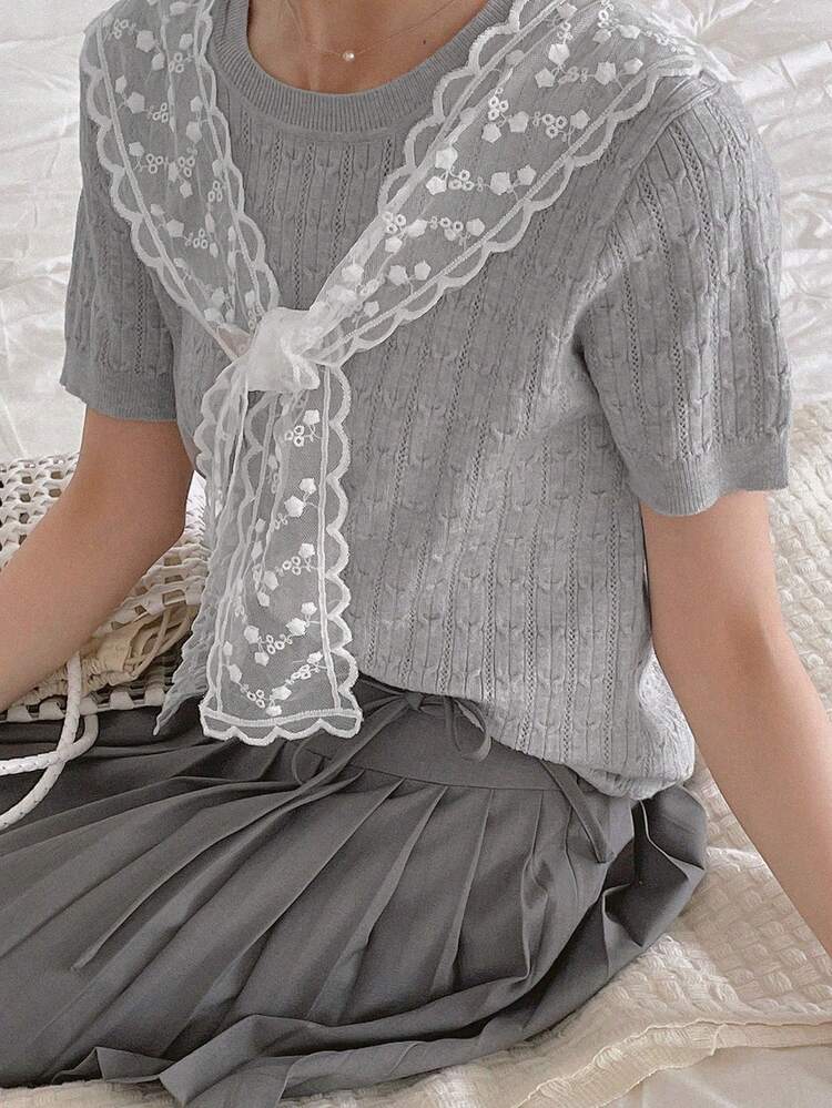Women's Casual Hollow Lace Shawl Decor Elegant Crochet Pullover Short Sleeve Knit Top, Suitable For Office Wear In Summer